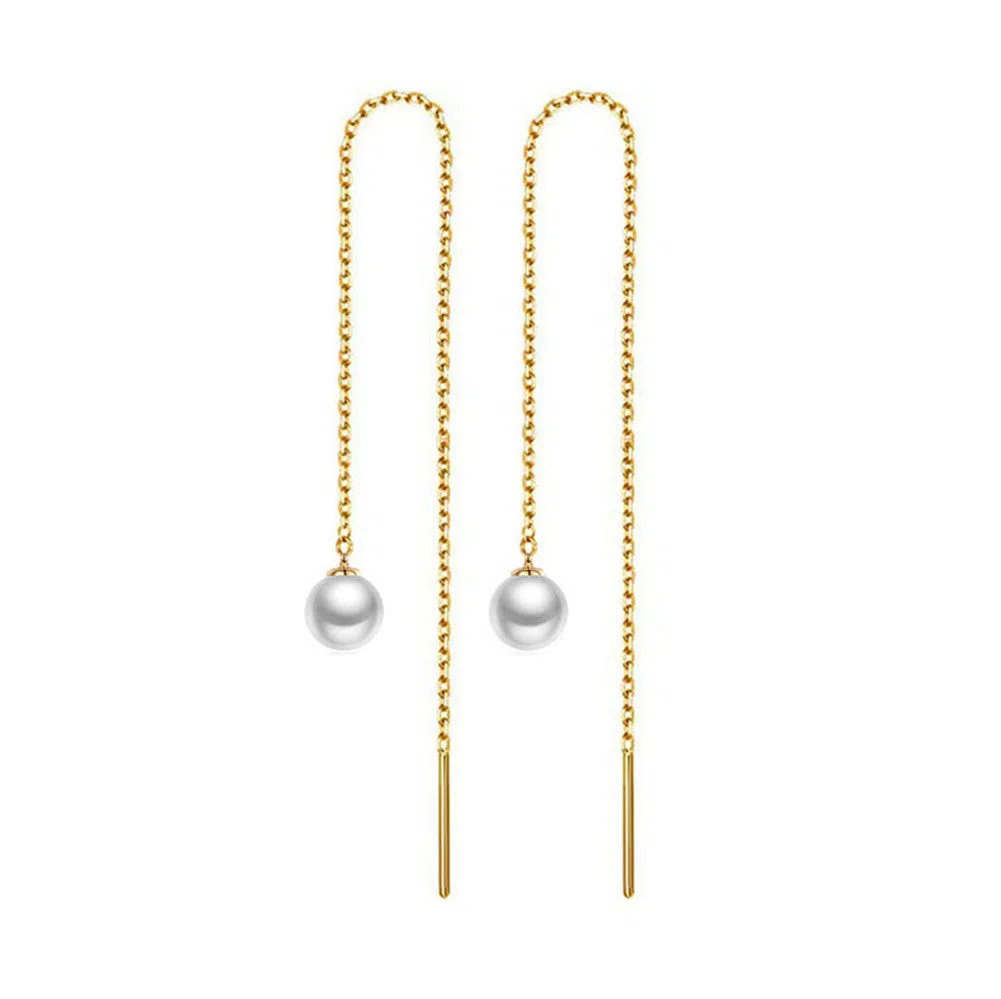 Stainless steel tassel earrings with pearl inlay in gold colour geometric shape for women