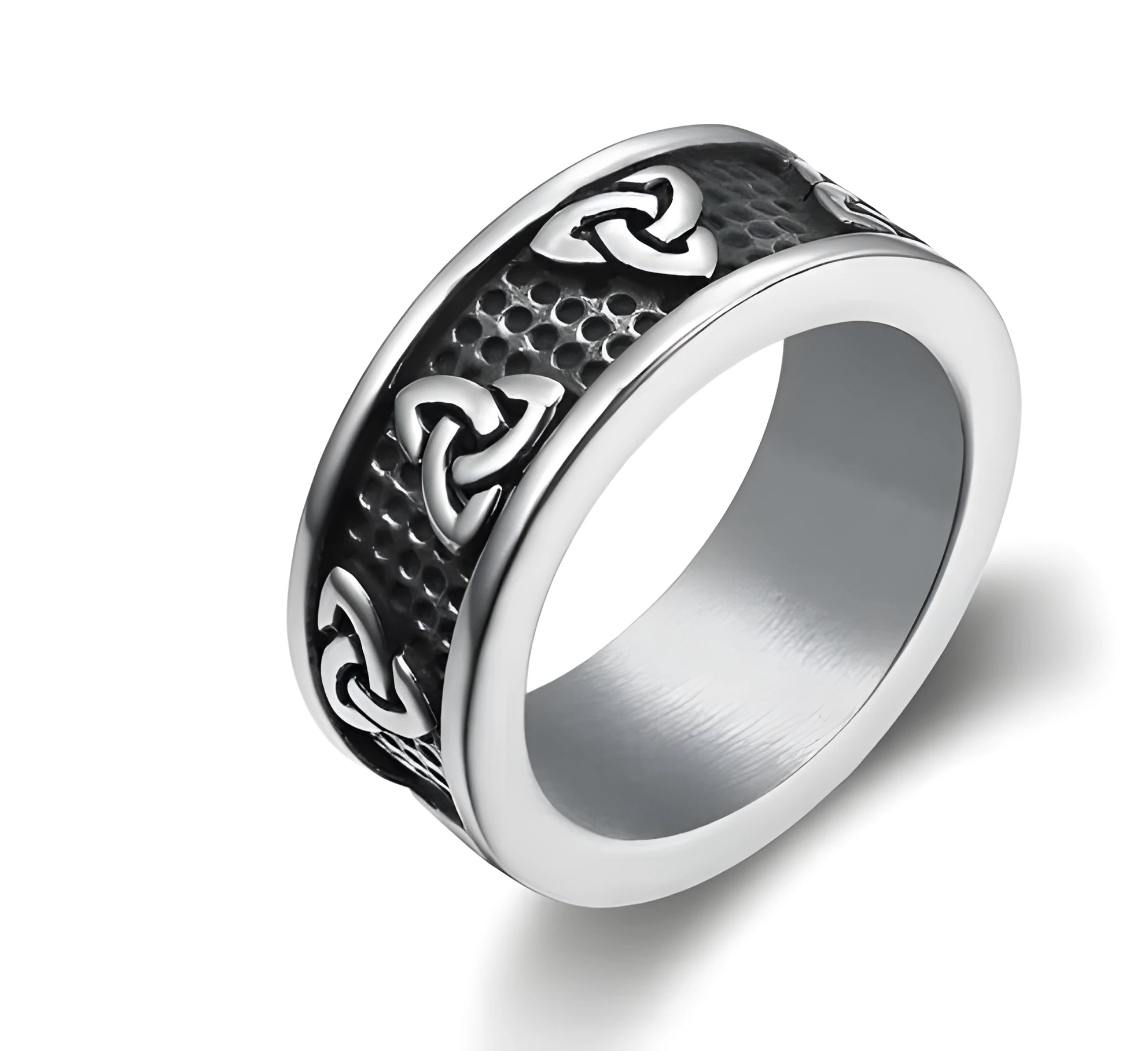 Trinity symbol ring in stainless steel, polished finish, available in sizes No. 7 to No. 13
