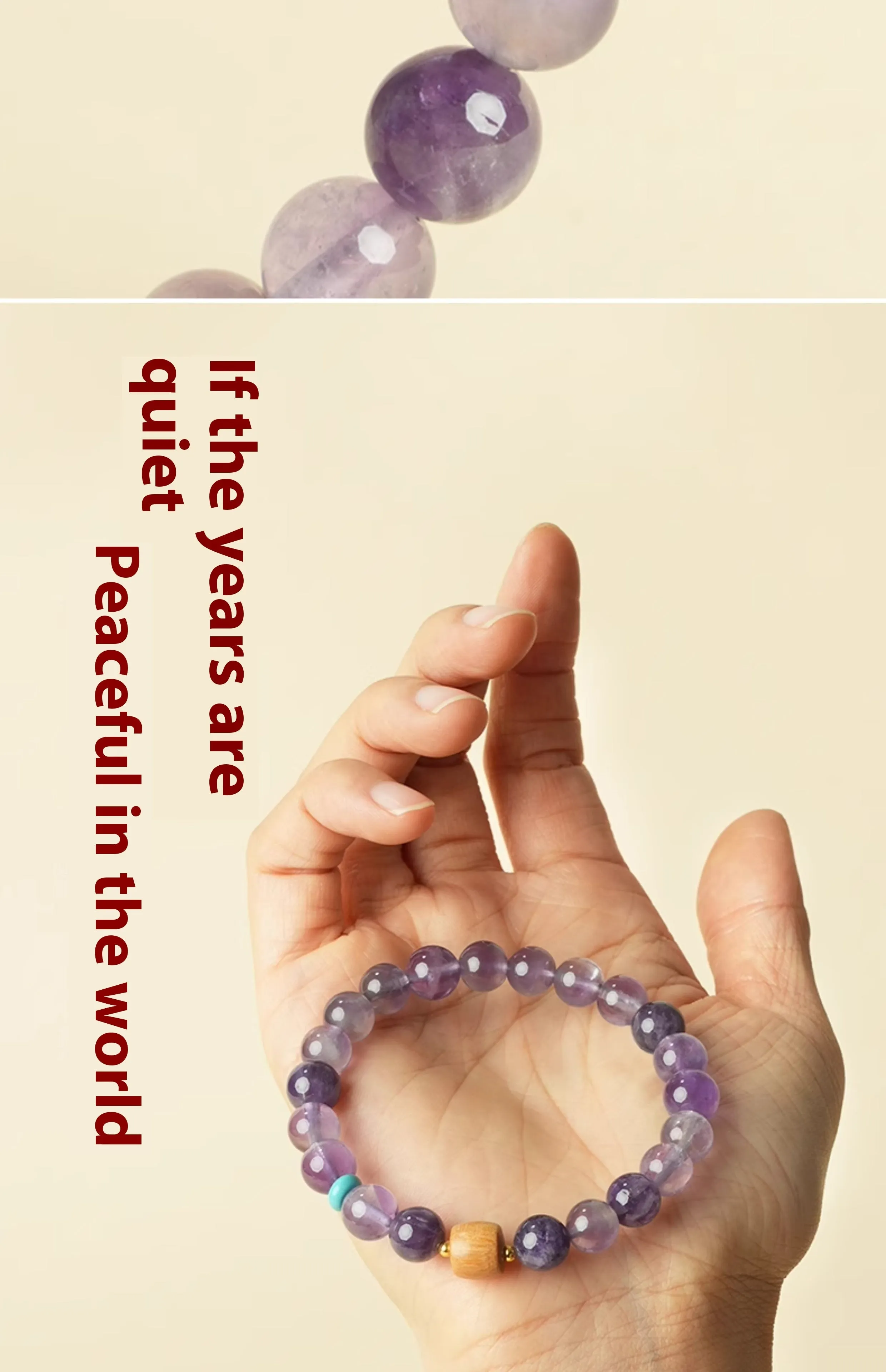 Handmade purple amethyst crystal bracelet for women on a wrist.