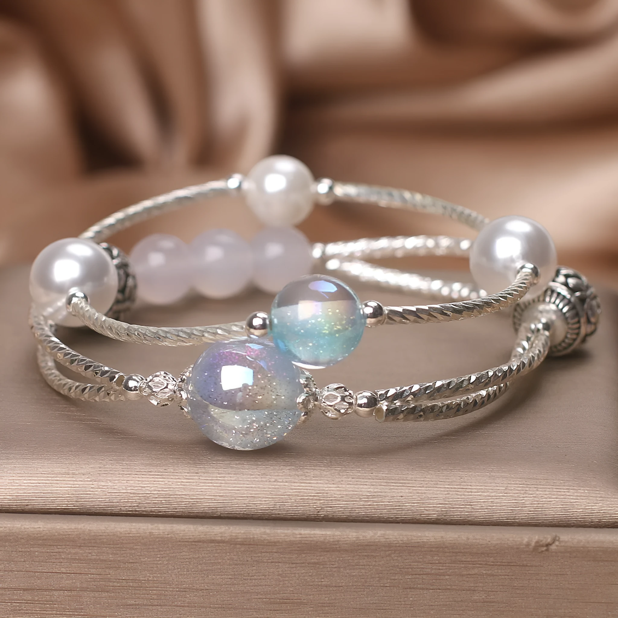 Light blue agate multi-circle twin crystal bracelet for women ethnic style