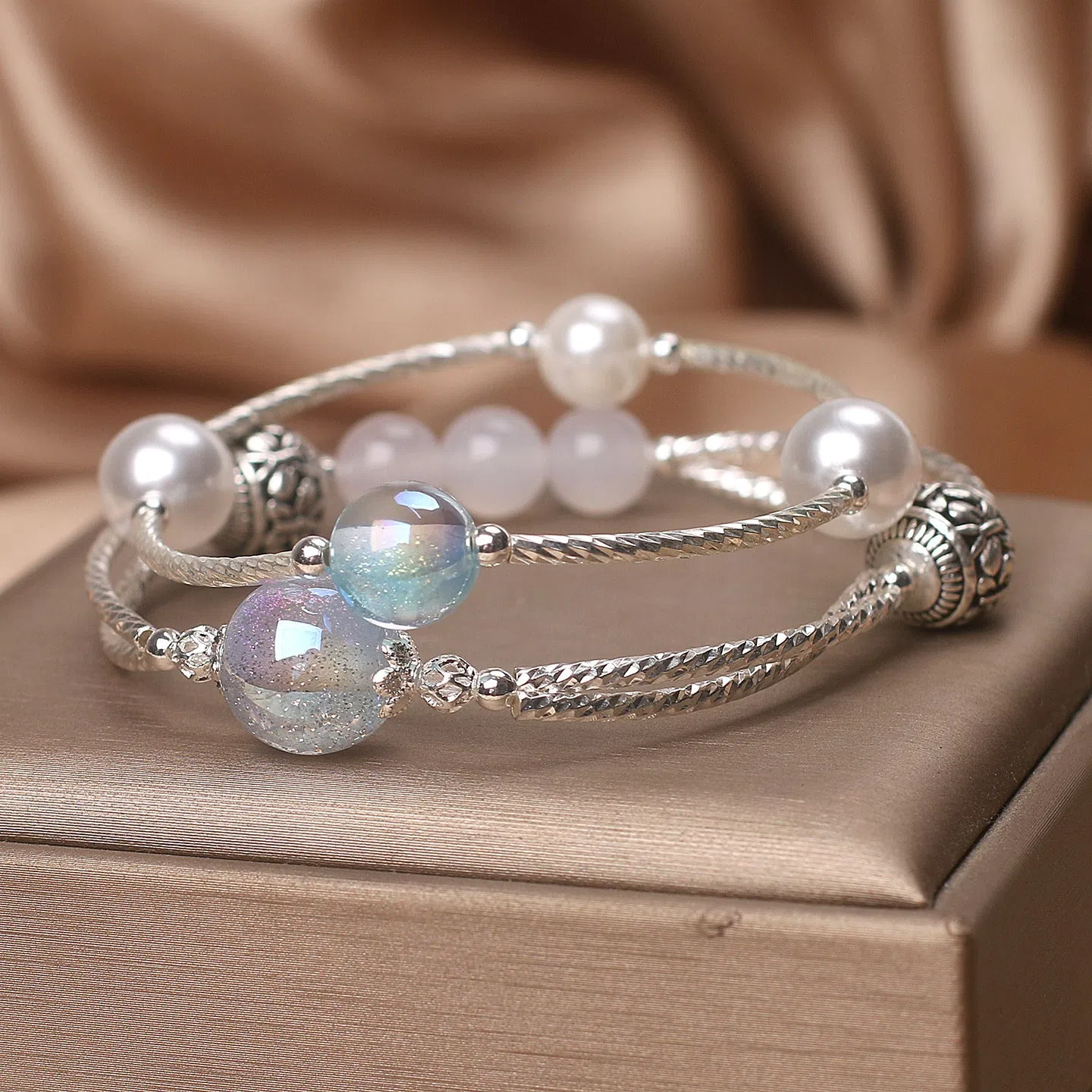 Light blue agate multi-circle twin crystal bracelet for women ethnic style