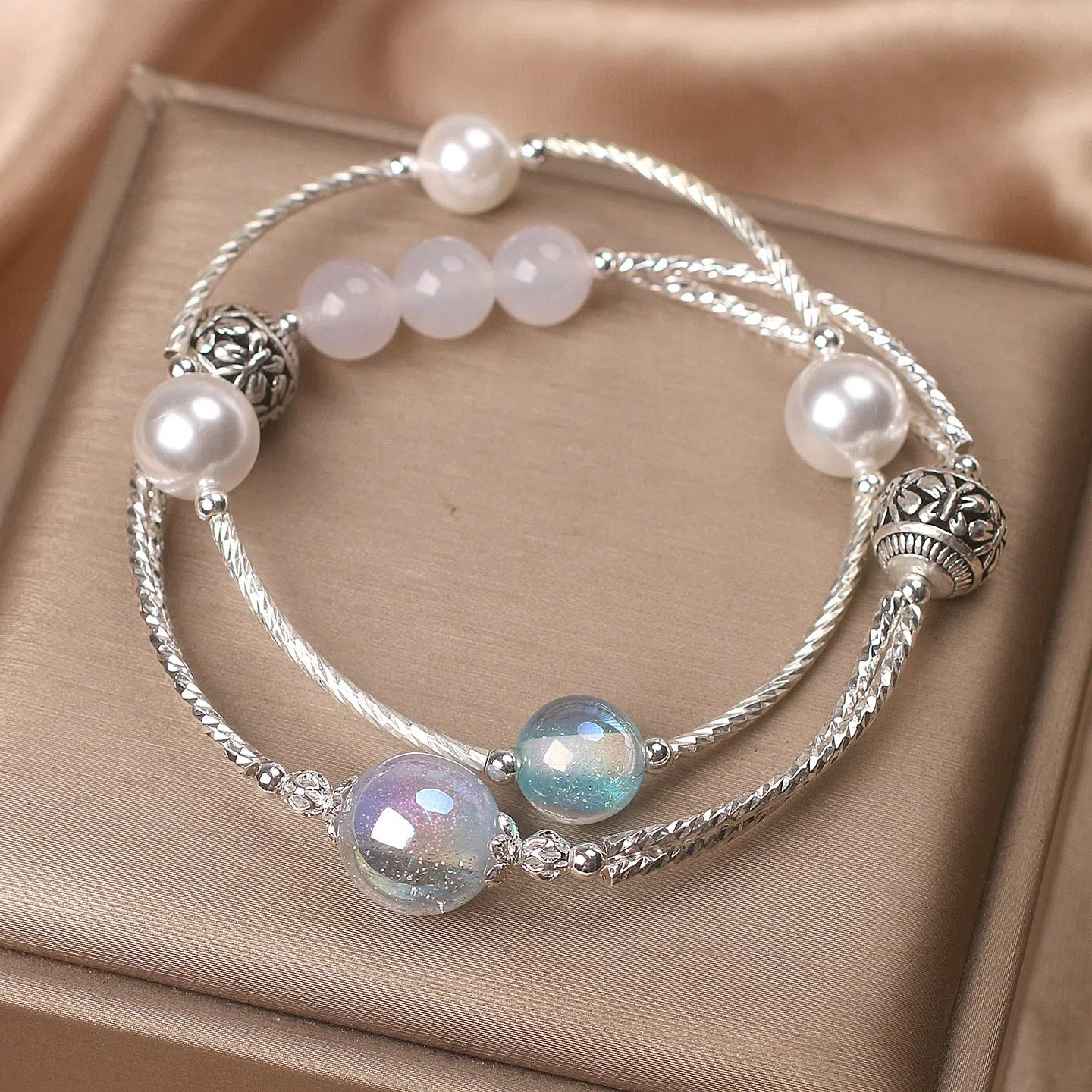 Light blue agate multi-circle twin crystal bracelet for women ethnic style
