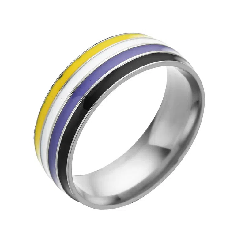 Bisexual pride stainless steel ring, geometric unisex alternative style, available in sizes 6 to 13