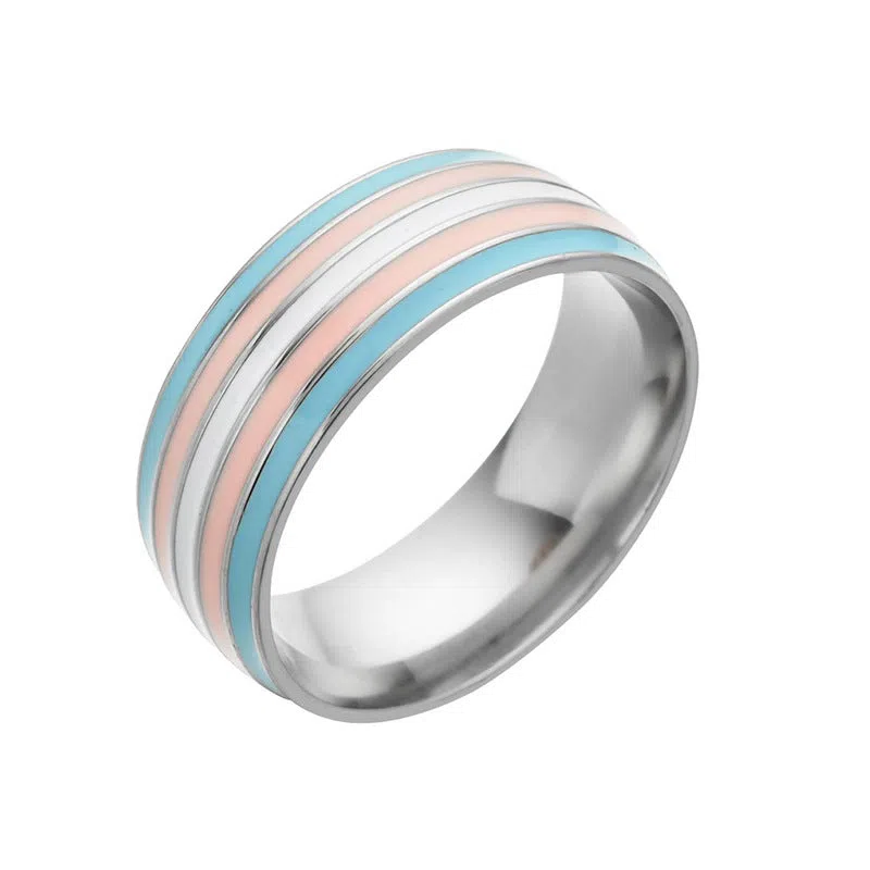 Bisexual pride stainless steel ring, geometric unisex alternative style, available in sizes 6 to 13