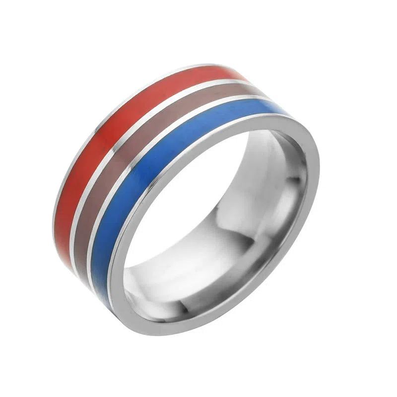 Bisexual pride stainless steel ring, geometric unisex alternative style, available in sizes 6 to 13