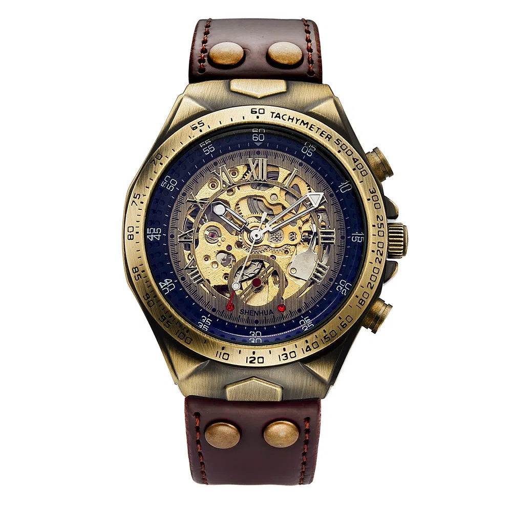 Men's automatic mechanical watch with hollowed-out round dial, 42mm alloy case, genuine leather strap, and transparent case back