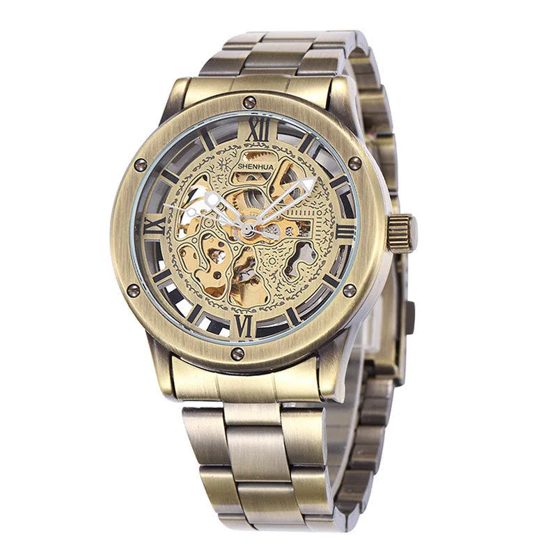 Men's automatic mechanical watch with hollowed-out round dial, 42mm alloy case, genuine leather strap, and transparent case back