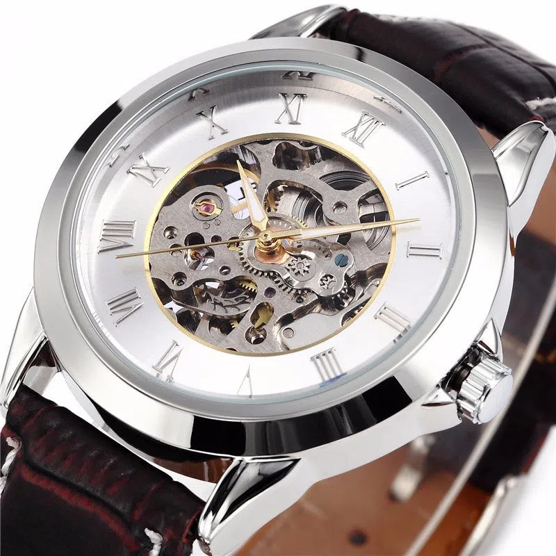 Men's automatic mechanical watch with hollowed-out round dial, 42mm alloy case, genuine leather strap, and transparent case back