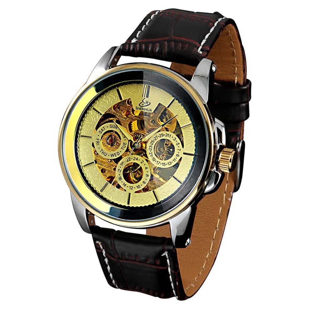 Men's automatic mechanical watch with hollowed-out round dial, 42mm alloy case, genuine leather strap, and transparent case back