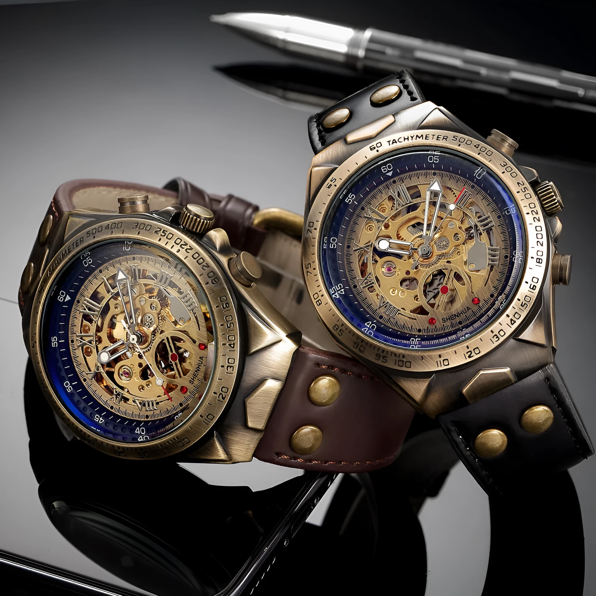 Men's automatic mechanical watch with hollowed-out round dial, 42mm alloy case, genuine leather strap, and transparent case back