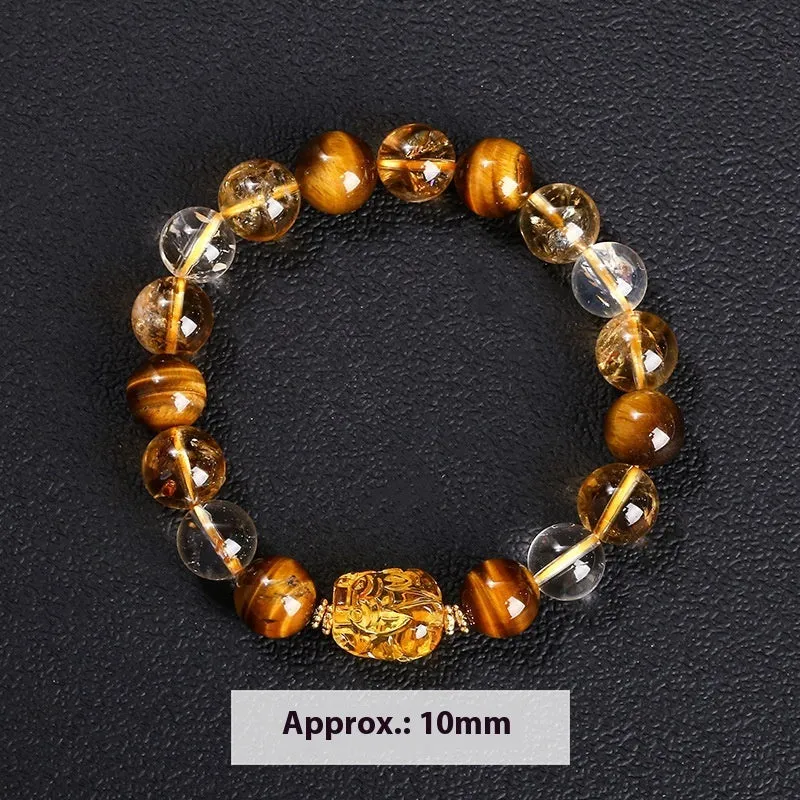 5A natural yellow tiger's eye and citrine bracelet with 10mm geometric beads and a beeswax pi xiu charm.