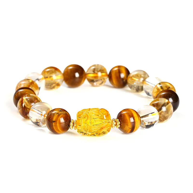 5A natural yellow tiger's eye and citrine bracelet with 10mm geometric beads and a beeswax pi xiu charm.