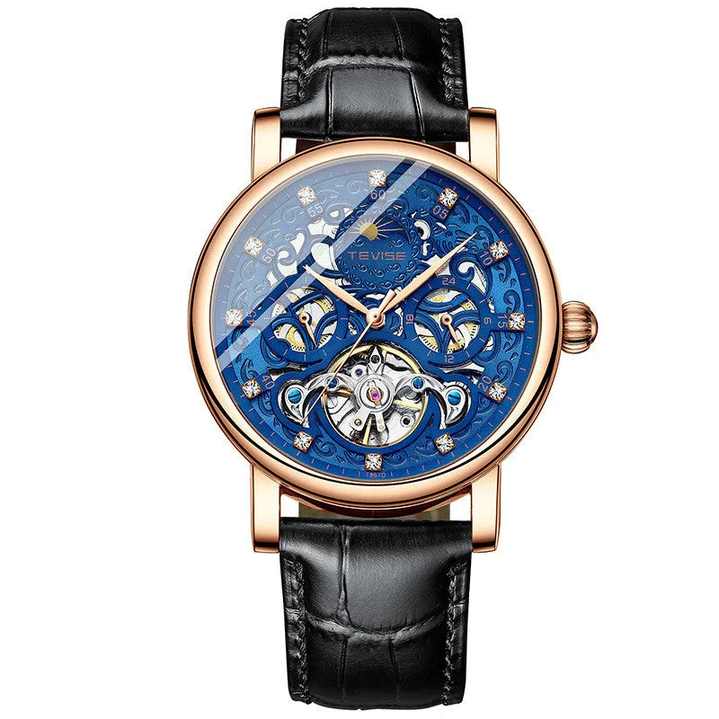 Men's automatic mechanical watch with diamond hollow dial, Tweez movement, 30M waterproof, black colour