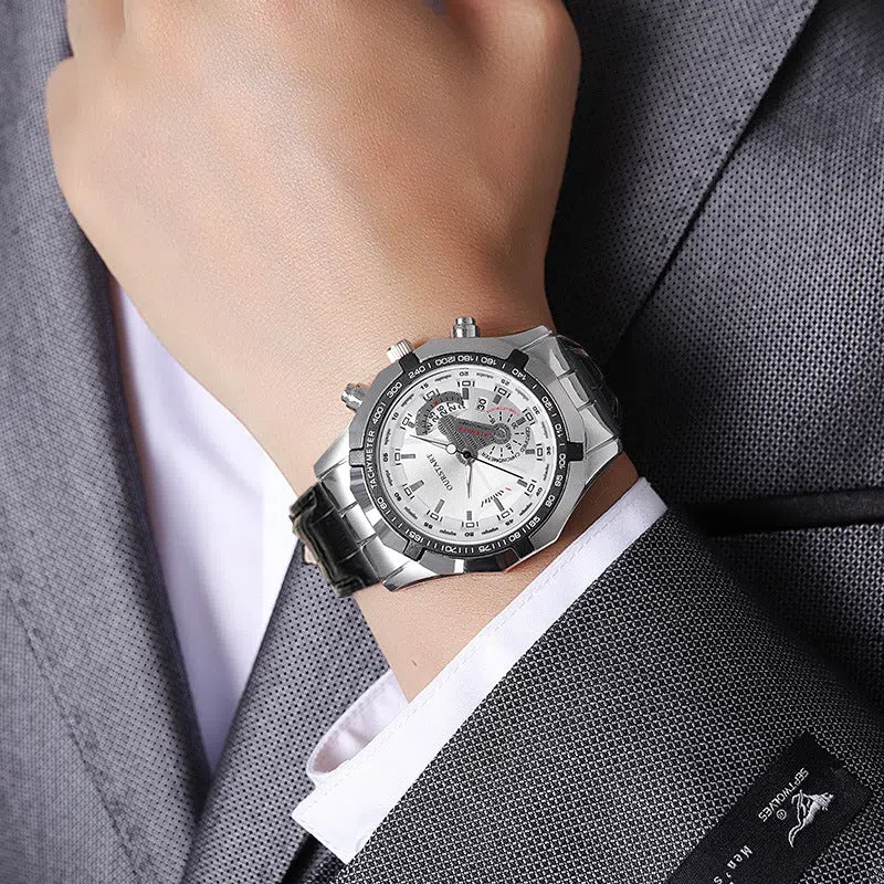 Non-mechanical calendar business watch with silver case and black surface, 45mm dial, imitation leather strap
