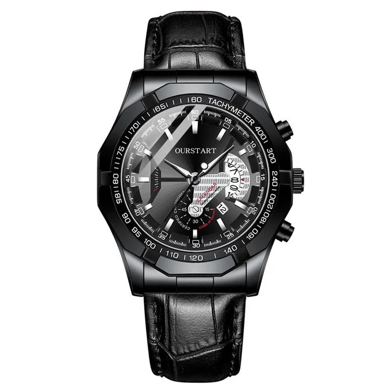 Non-mechanical calendar business watch with silver case and black surface, 45mm dial, imitation leather strap