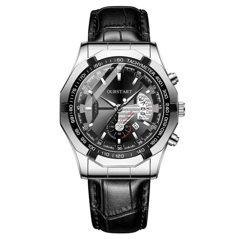 Non-mechanical calendar business watch with silver case and black surface, 45mm dial, imitation leather strap