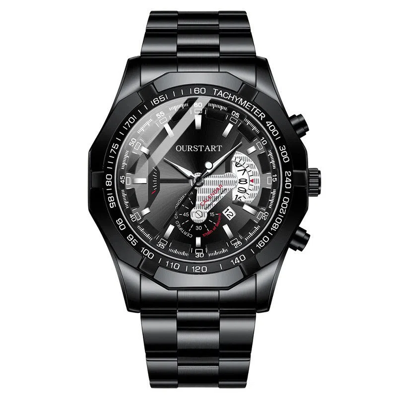 Non-mechanical calendar business watch with silver case and black surface, 45mm dial, imitation leather strap