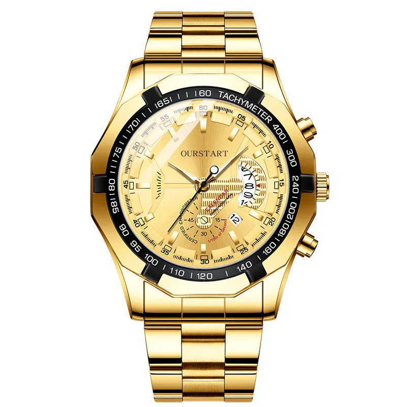 Non-mechanical calendar business watch with silver case and black surface, 45mm dial, imitation leather strap