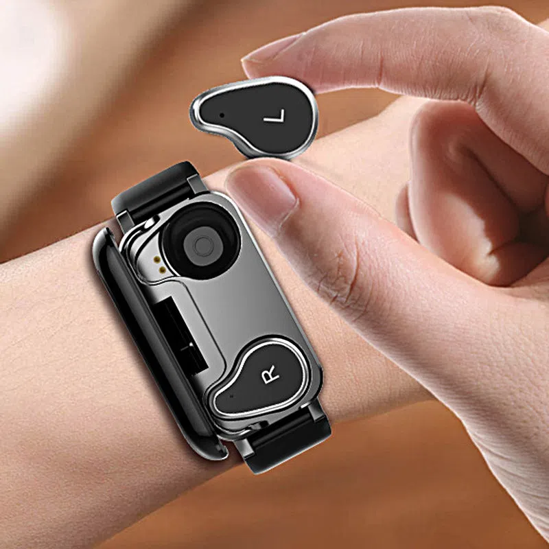 2-in-1 smartwatch with Bluetooth earbuds, TPU wristband, black blue gold colours, 1.14-inch touchscreen