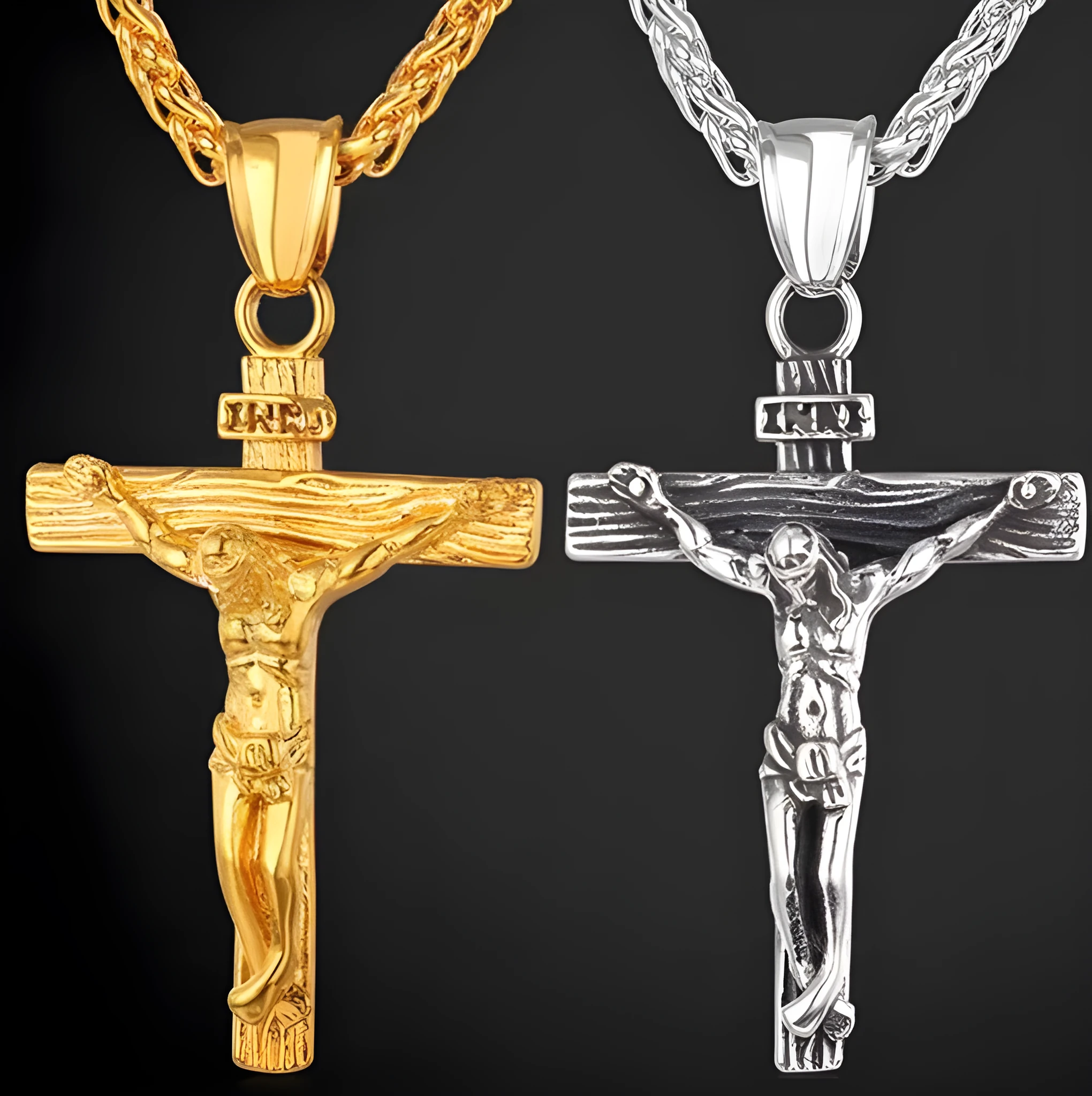 Easter Jesus cross necklace on titanium steel alloy chain, gold finish with cross chain, vintage geometry pendant