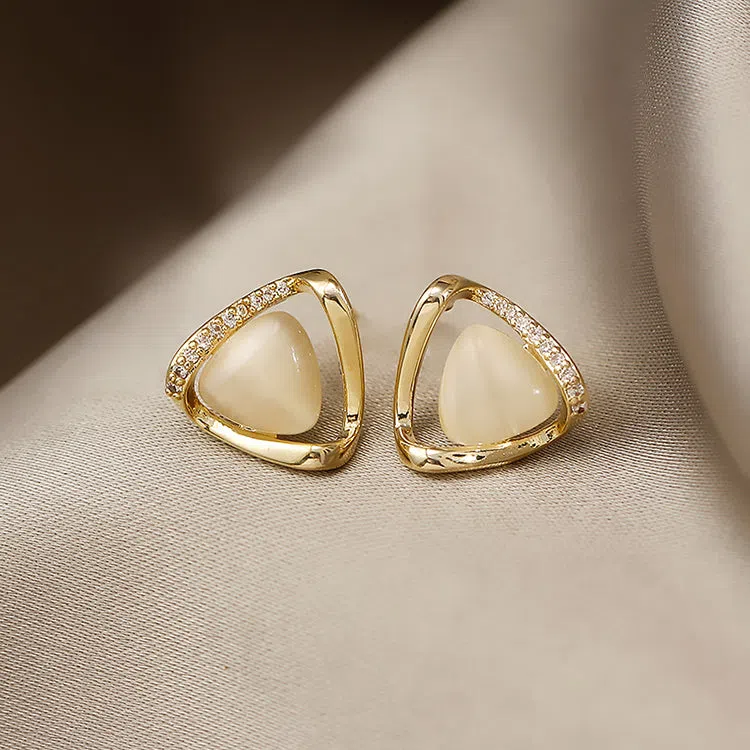Silver cat's eye opal square triangle geometry stud earrings for children