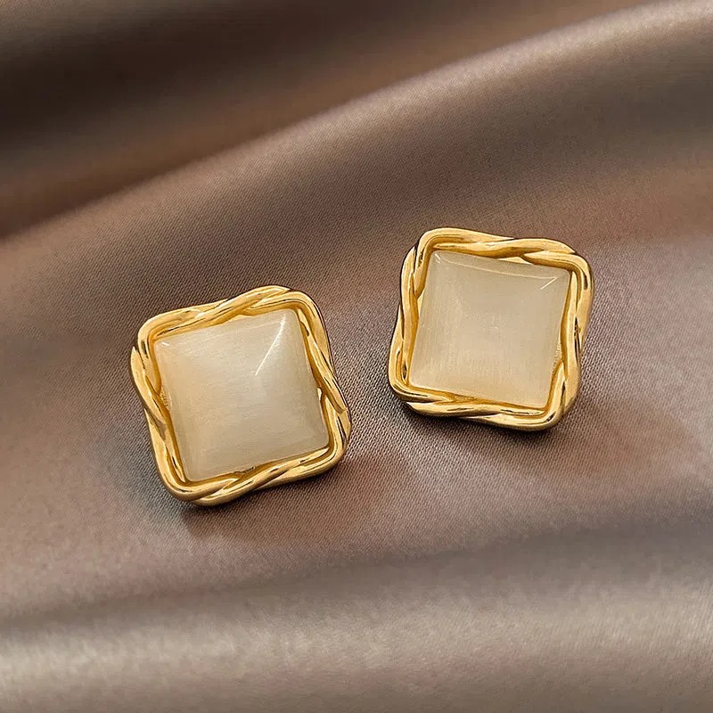 Silver cat's eye opal square triangle geometry stud earrings for children
