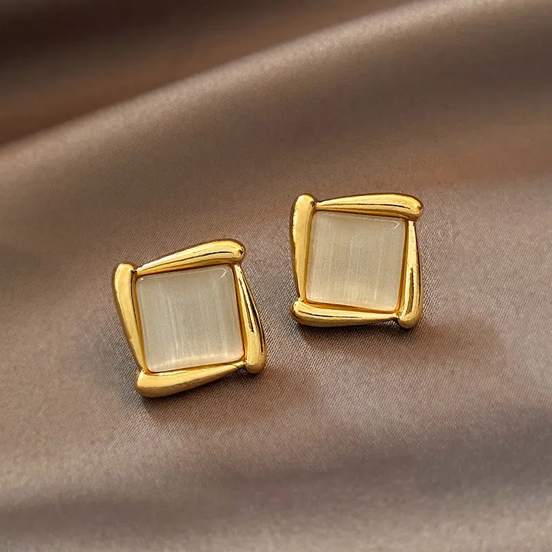 Silver cat's eye opal square triangle geometry stud earrings for children