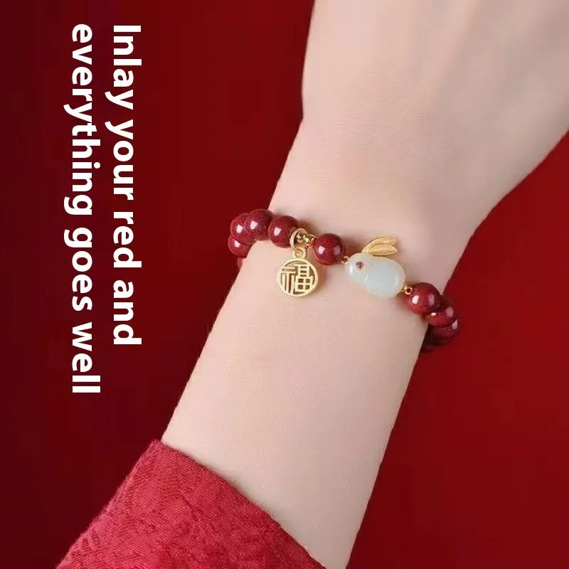 Purple gold sand cinnabar bracelet with jade hare charm in 6mm and 8mm bead sizes