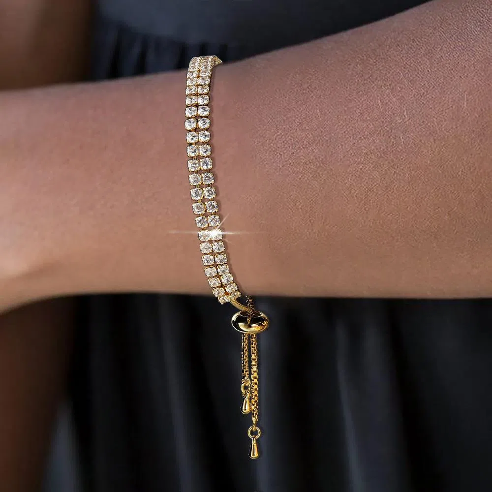 Fashion double row zircon bracelet for women, copper metal, rhinestone stones, platinum white colour option