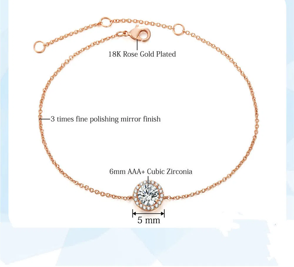 Round crystal anklet on ankle, rose gold tone with alloy and silver or gold plating, 22cm chain plus 4cm extender