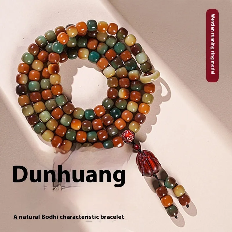 Dunhuang style bodhi seed bracelet with hand-carved national patterns on natural beads
