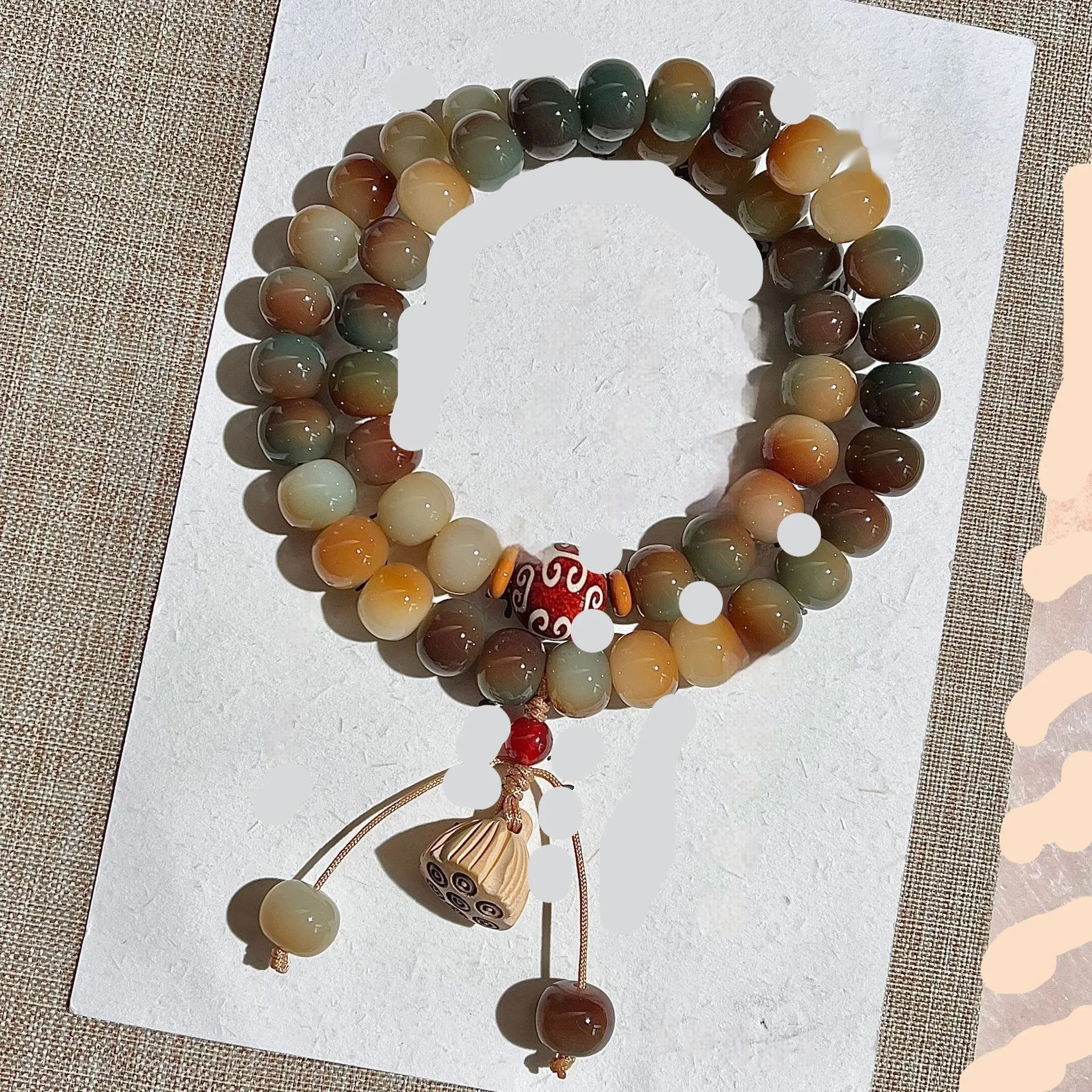 Dunhuang style bodhi seed bracelet with hand-carved national patterns on natural beads