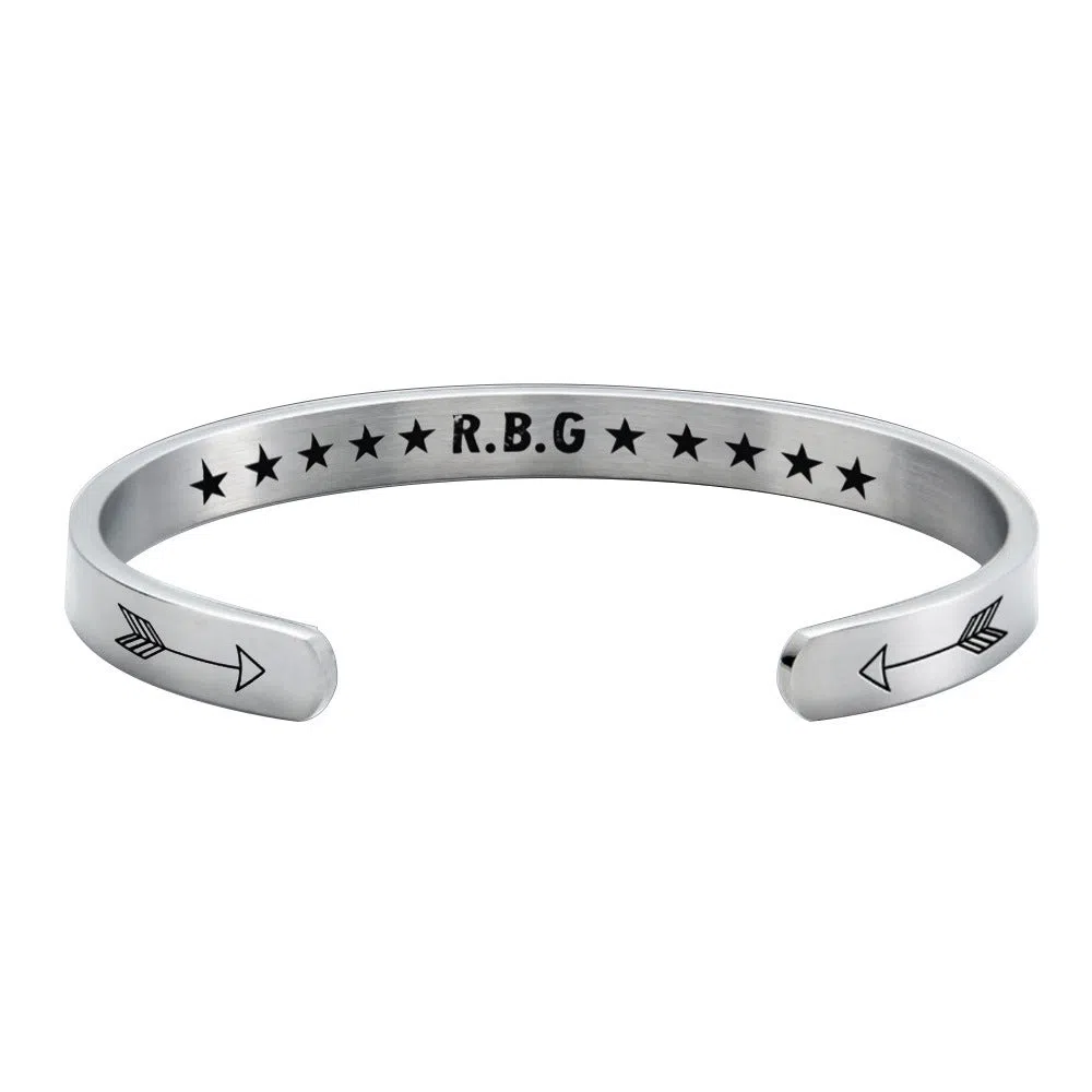 Stainless steel C-shaped RBG Ginsburg bracelet in gold, rose gold, and silver colours on wrist