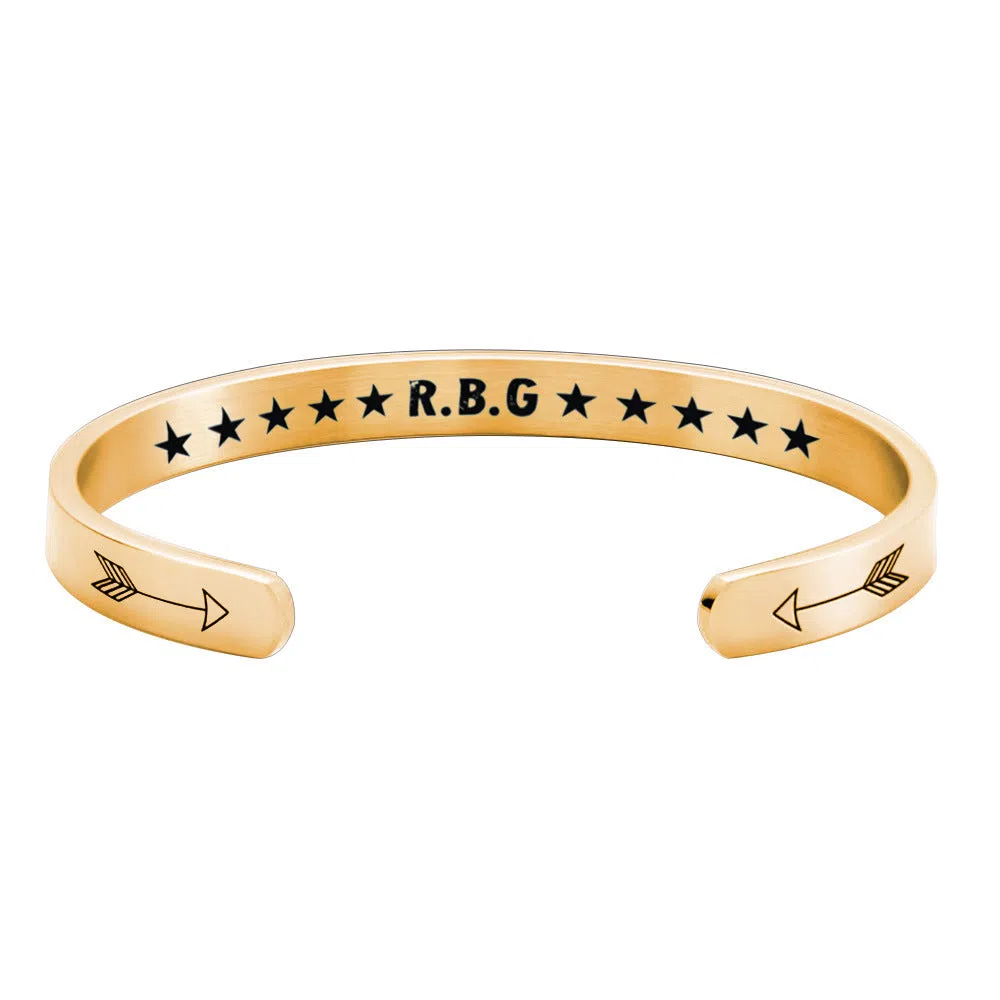 Stainless steel C-shaped RBG Ginsburg bracelet in gold, rose gold, and silver colours on wrist