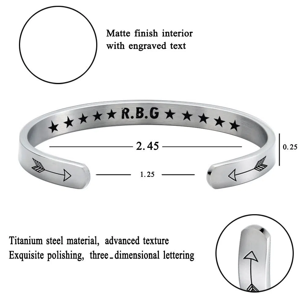 Stainless steel C-shaped RBG Ginsburg bracelet in gold, rose gold, and silver colours on wrist