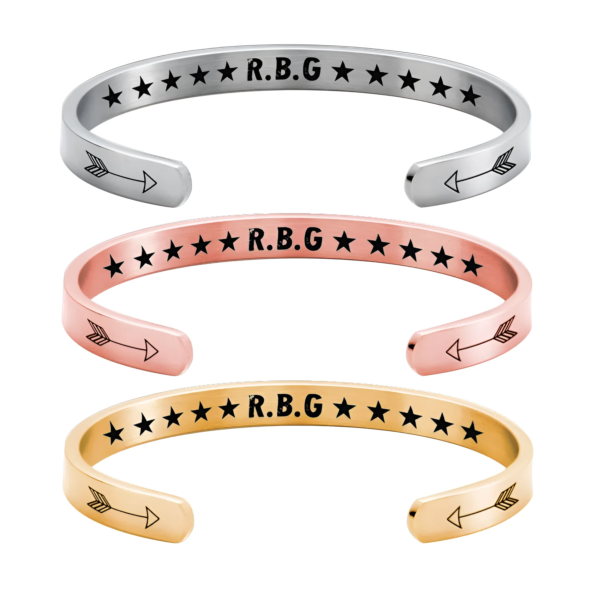 Stainless steel C-shaped RBG Ginsburg bracelet in gold, rose gold, and silver colours on wrist