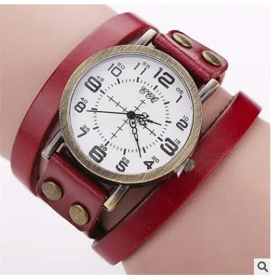CCQ vintage women's leather bracelet watch with 35mm alloy case and adjustable band