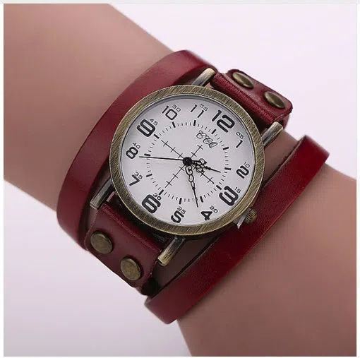 CCQ vintage women's leather bracelet watch with 35mm alloy case and adjustable band