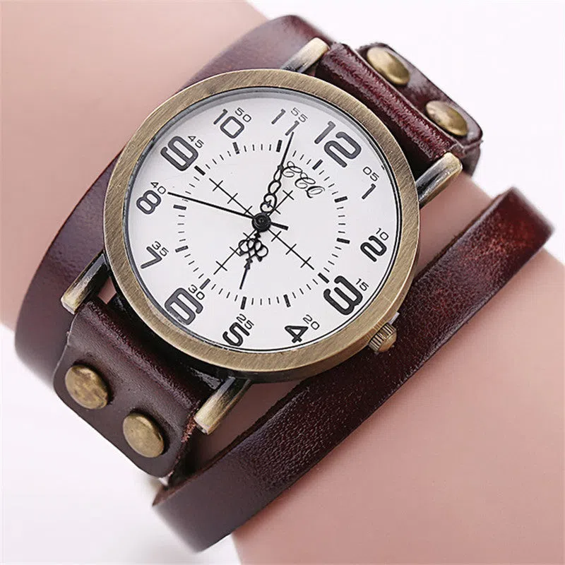 CCQ vintage women's leather bracelet watch with 35mm alloy case and adjustable band