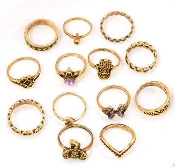 Boho vintage rings set alloy inlaid artificial gemstone ancient silver and gold colours