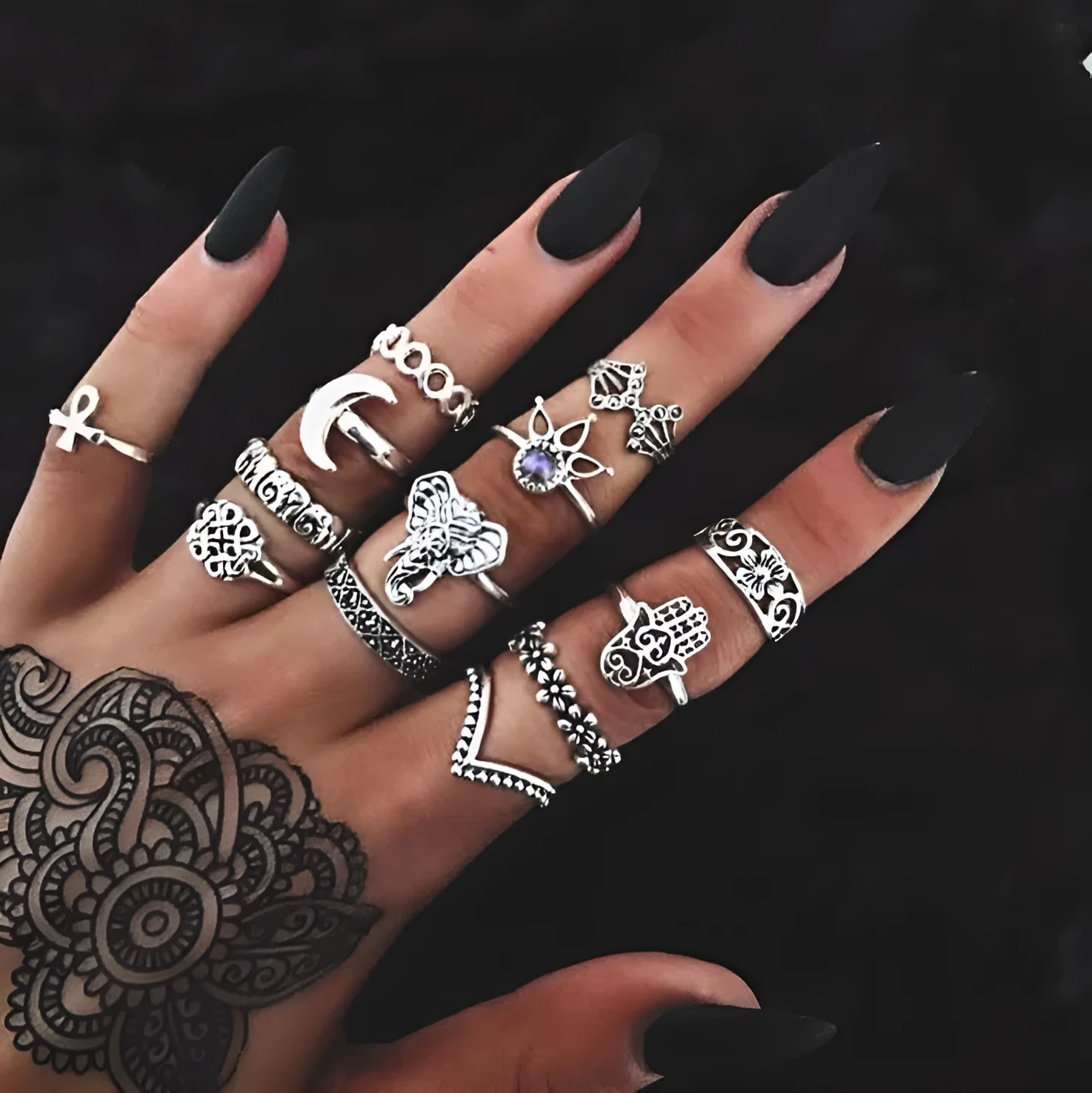 Boho vintage rings set alloy inlaid artificial gemstone ancient silver and gold colours