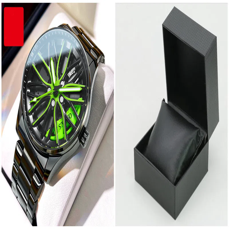 Men's hollowed-out luminous quartz watch with stainless steel strap showing black and red colour variant on a white background