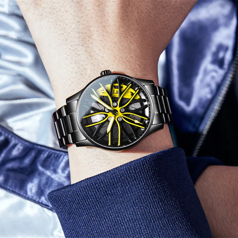 Men's hollowed-out luminous quartz watch with stainless steel strap showing black and red colour variant on a white background