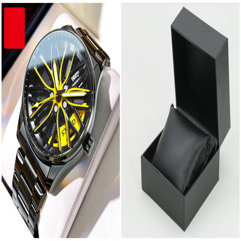 Men's hollowed-out luminous quartz watch with stainless steel strap showing black and red colour variant on a white background
