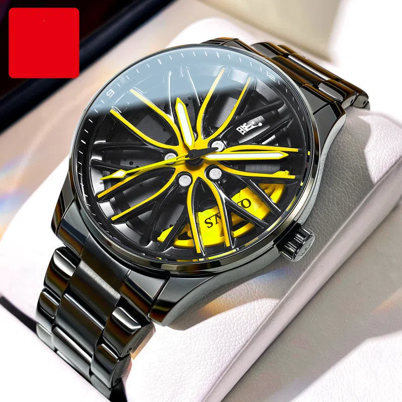 Men's hollowed-out luminous quartz watch with stainless steel strap showing black and red colour variant on a white background