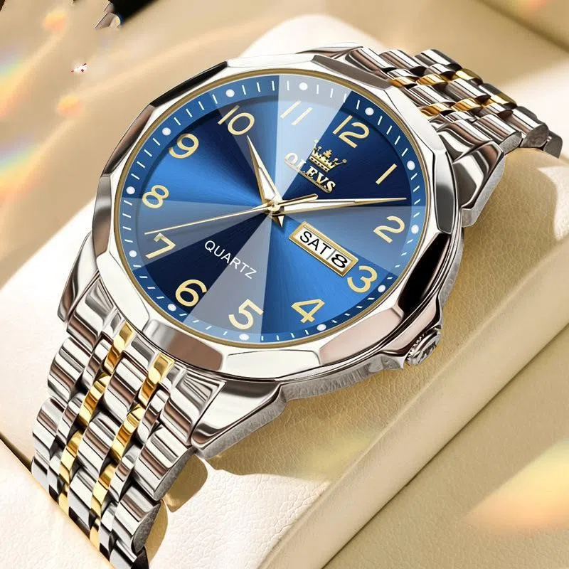 Men's digital calendar quartz watch with round dial, luminous hands, and stainless steel bottom