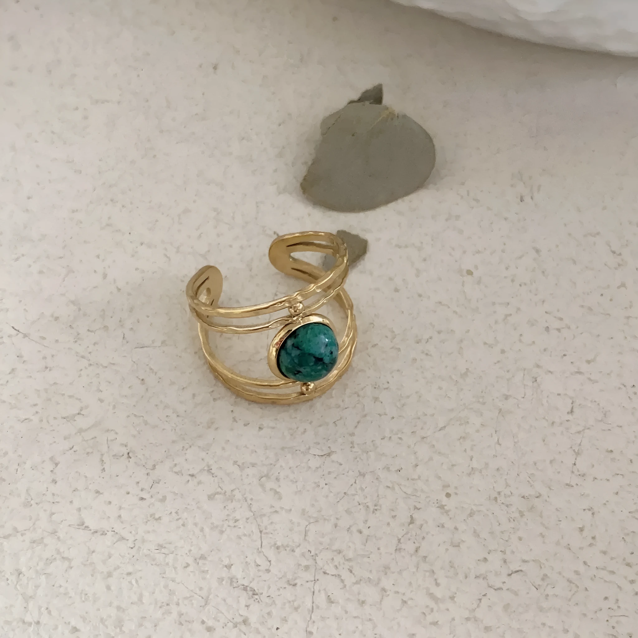 Titanium steel and natural stone open ring with geometric design in JZ0379 green colour