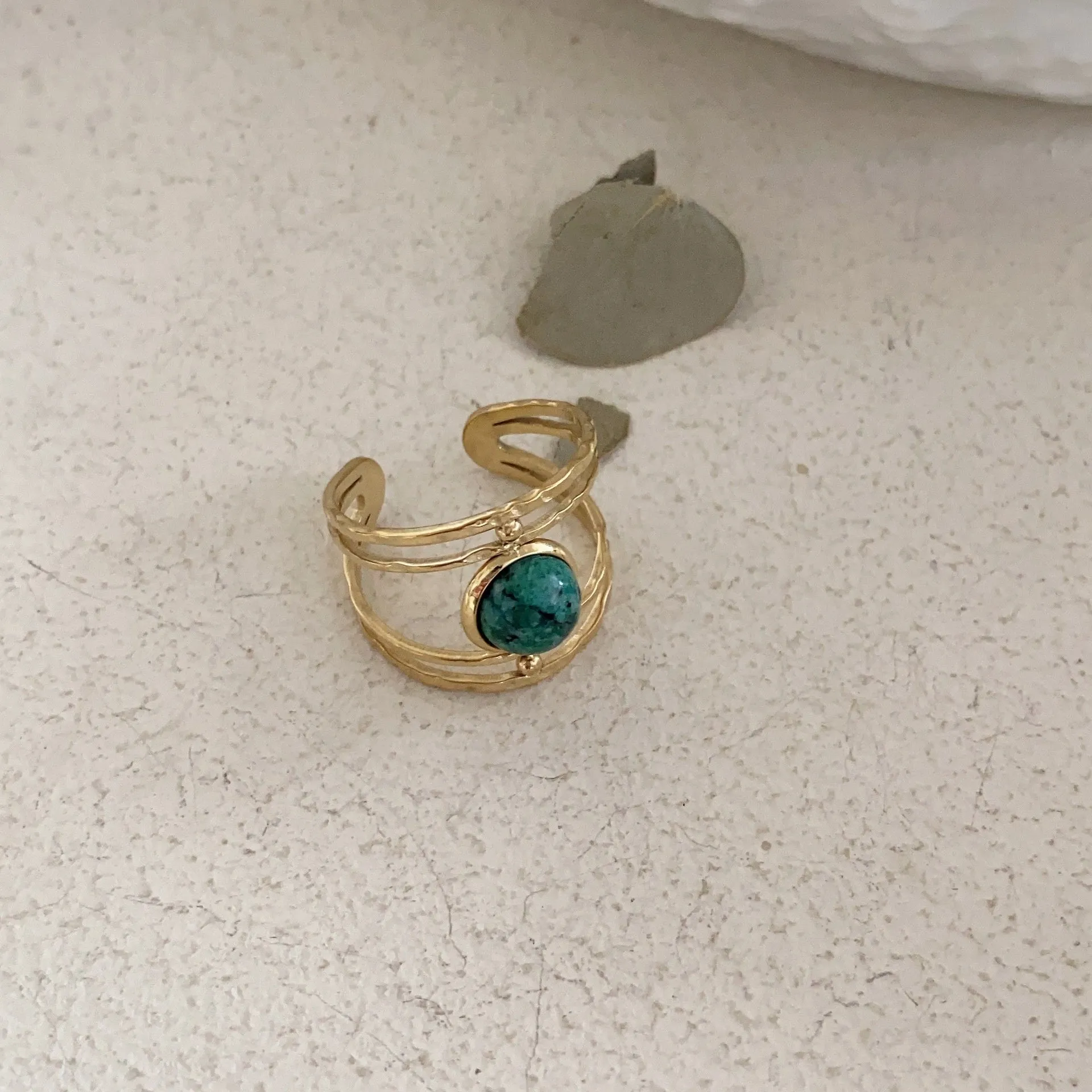 Titanium steel and natural stone open ring with geometric design in JZ0379 green colour