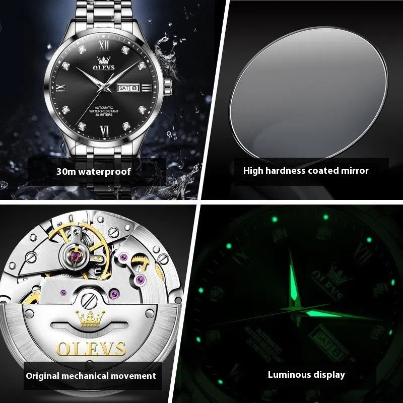Men's waterproof automatic mechanical watch with 13mm stainless steel case and bracelet on white background