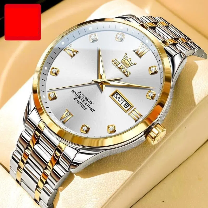 Men's waterproof automatic mechanical watch with 13mm stainless steel case and bracelet on white background